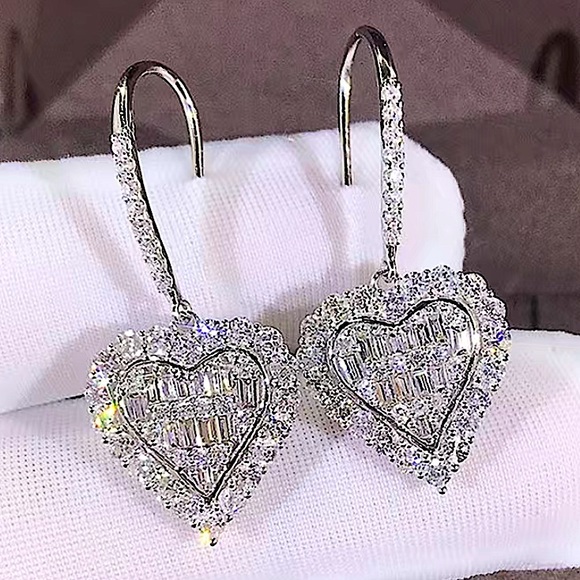 Sterling Silver Heart Zircon Necklace Earrings Matching Set - Picture 3 of 9